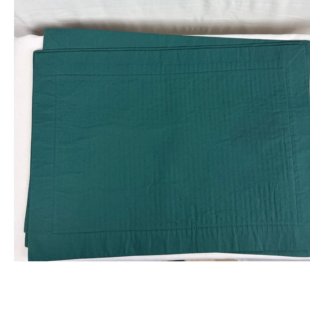 Set of 6 Forest Green Pleated Cotton Placemats with‎ Red Embroidered Trim Trim